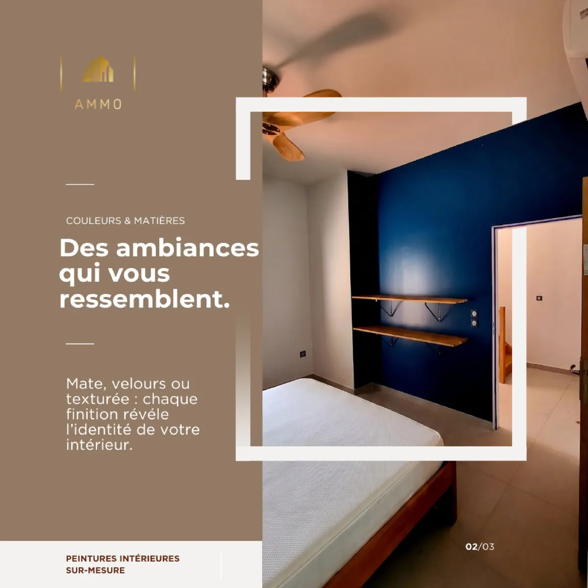 Chambre aux murs bleus — couleurs et matières AMMO